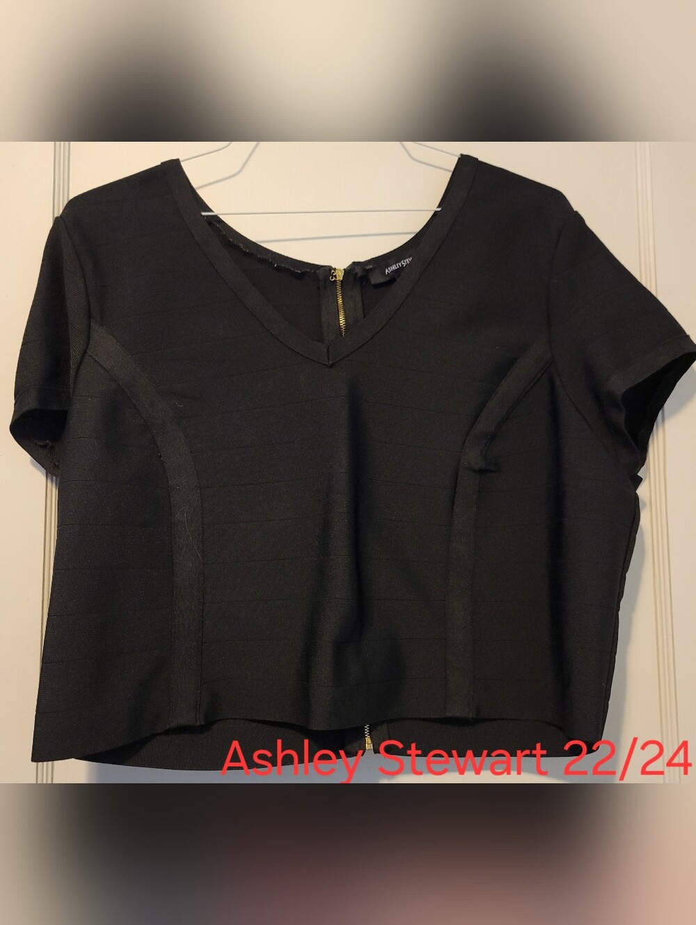 Ashley Stewart Black V-Neck Structured Crop Top with Gold Zip